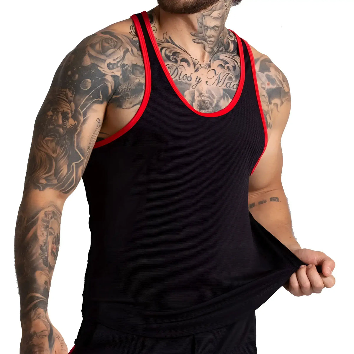 Black athletic tank top with red trim around neckline and armholes in Gigo F Fetish Red Tank design