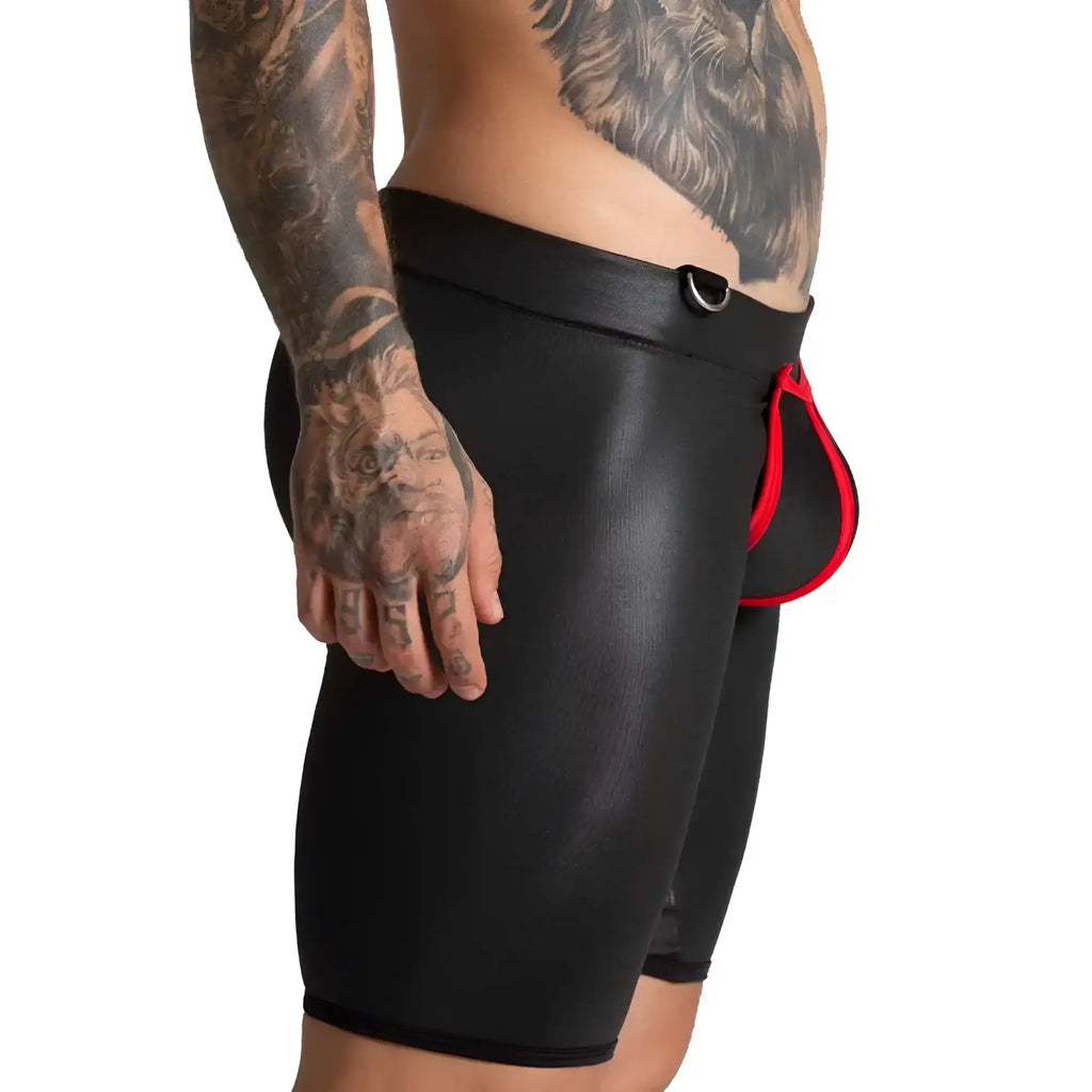 Black leather-like Gigo F Fetish red trunk long briefs with red trim and silver metal buckle at the waistband
