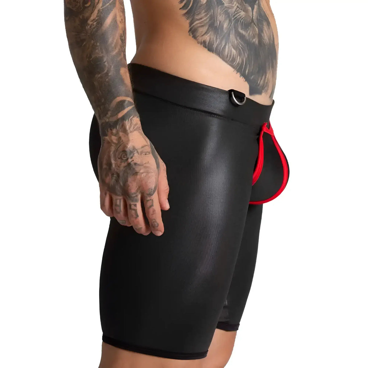 Black leather-like Gigo F Fetish red trunk long briefs with red trim and silver metal buckle at the waistband