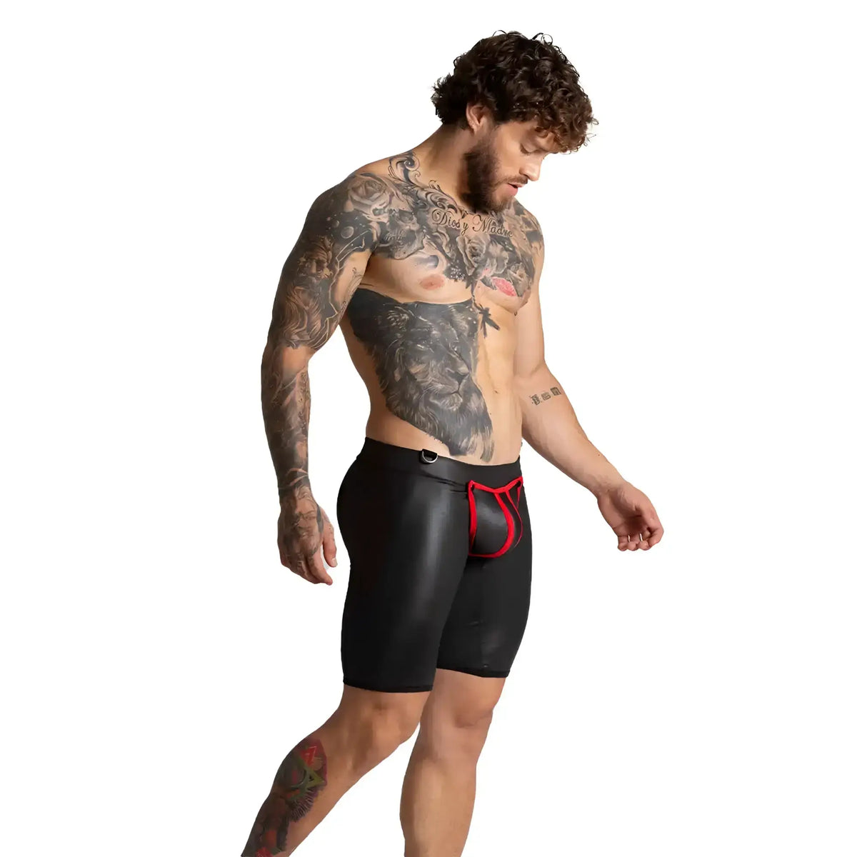 Black glossy leather-like menÃ¢â‚¬â„¢s briefs with red elastic waistband and trim gigo f fetish red trunk long
