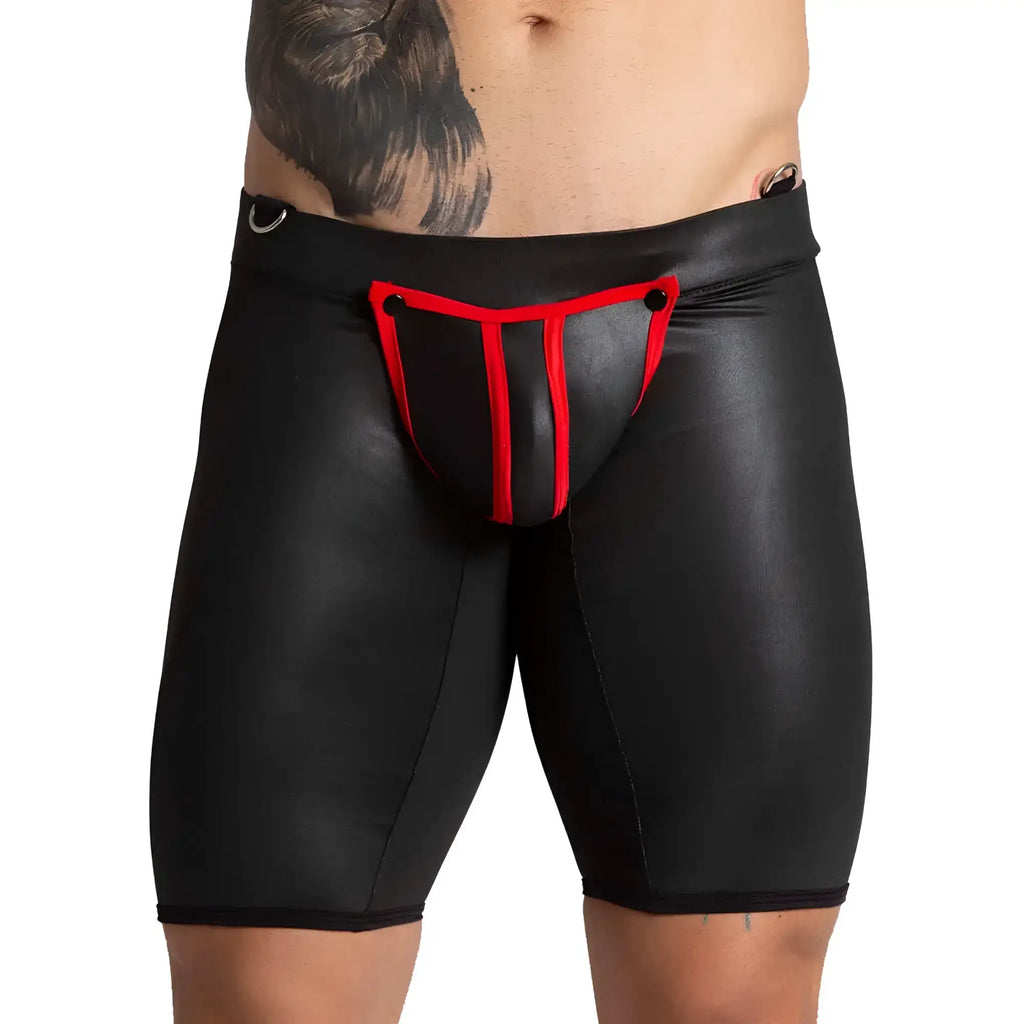 Black shiny faux leather briefs with bold red trim and central panel design gigo f fetish red trunk long