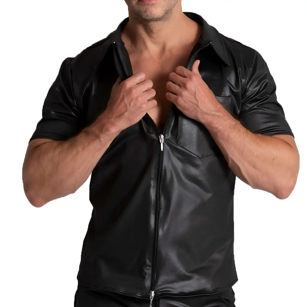 Black faux leather zip-up shirt with short sleeves and collar from Gigo F fetish shirt collection