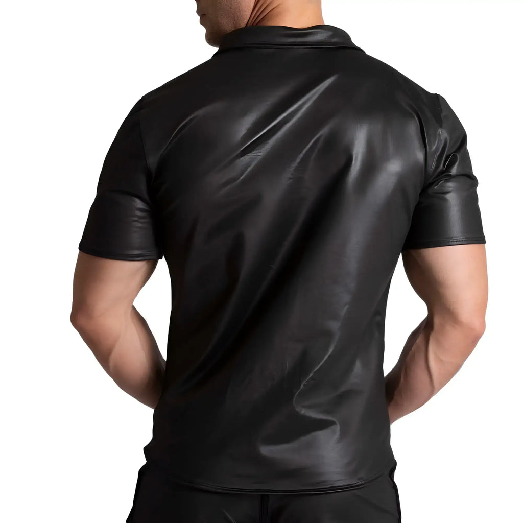 Black short-sleeved leather polo shirt with collar from Gigo F fetish shirt collection shown from front angle
