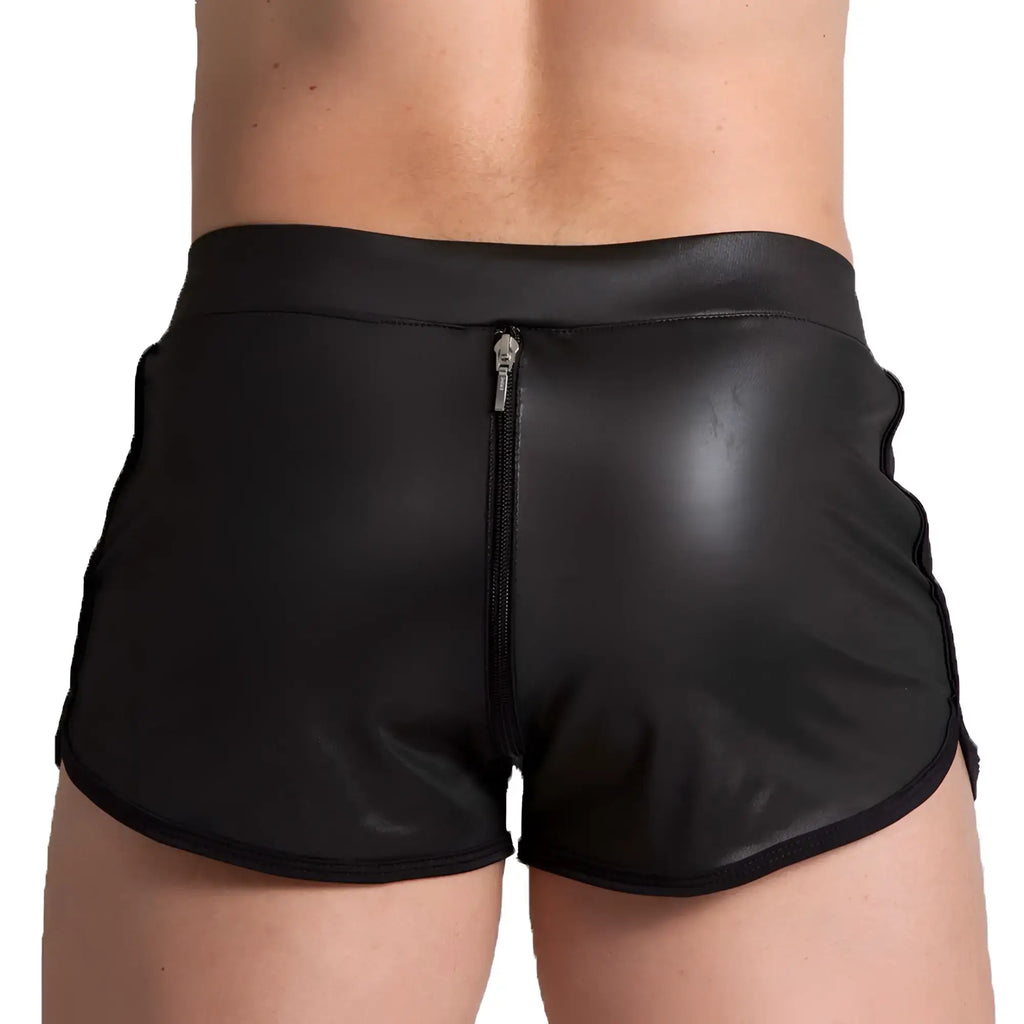 Back side of black faux leather Gigo F fetish shorts with central zipper and stitched trim detailing