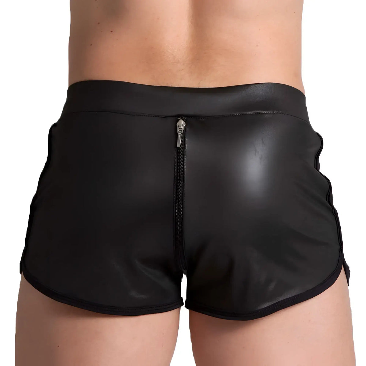 Back side of black faux leather Gigo F fetish shorts with central zipper and stitched trim detailing