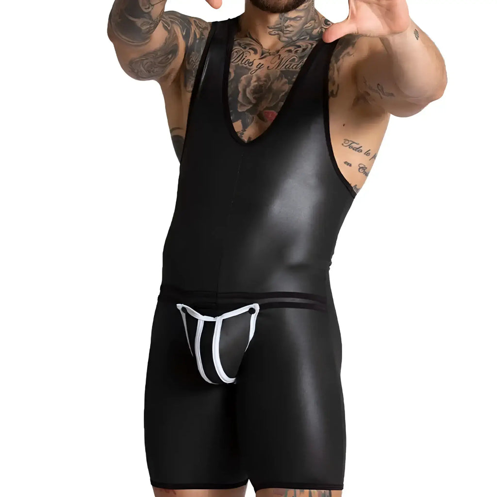 Black glossy latex wrestling singlet with white trim and matching supportive brief from gigo f fetish white body collection