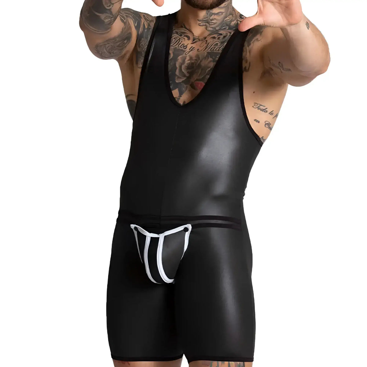 Black glossy latex wrestling singlet with white trim and matching supportive brief from gigo f fetish white body collection