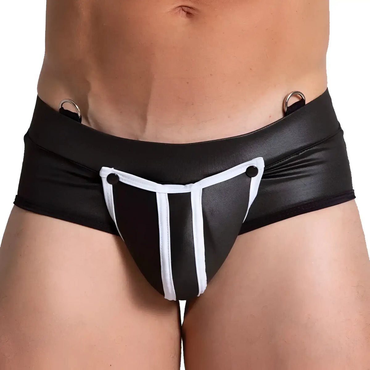 Black and white faux leather Gigo F fetish white brief with central white stripe black button closures and metal rings