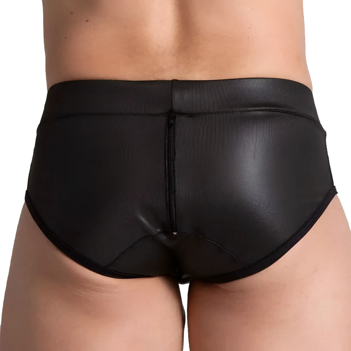 Back view of gigo f fetish white brief black faux leather briefs with a central zipper detail