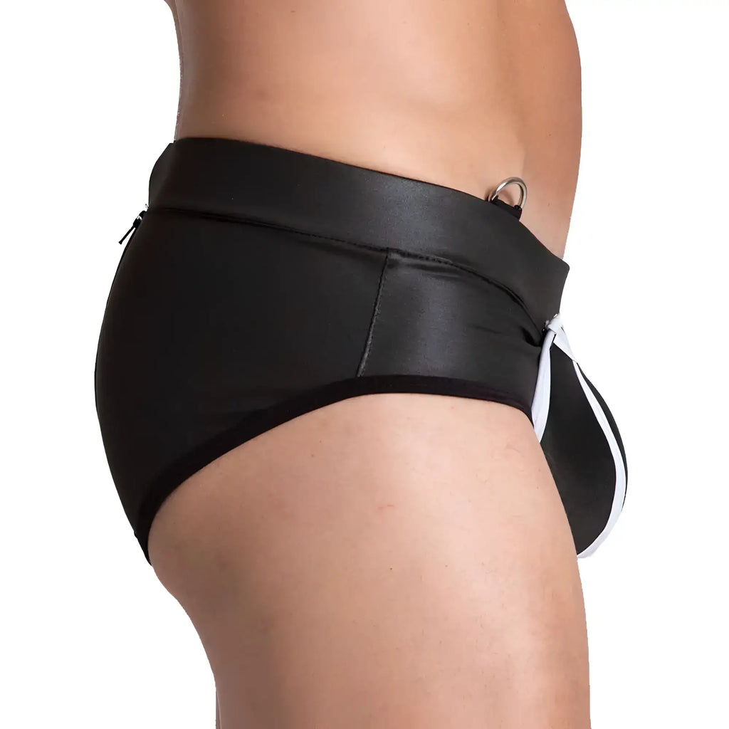 Black leather-like gigo f fetish white brief with white stripe accent and metal ring at the waistband