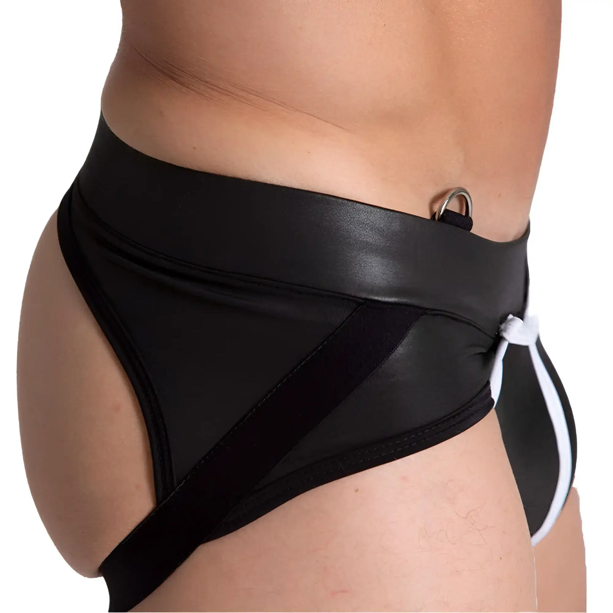 Gigo F Fetish white jockstrap featuring black leather-like briefs with white stripe and metal ring at waistband