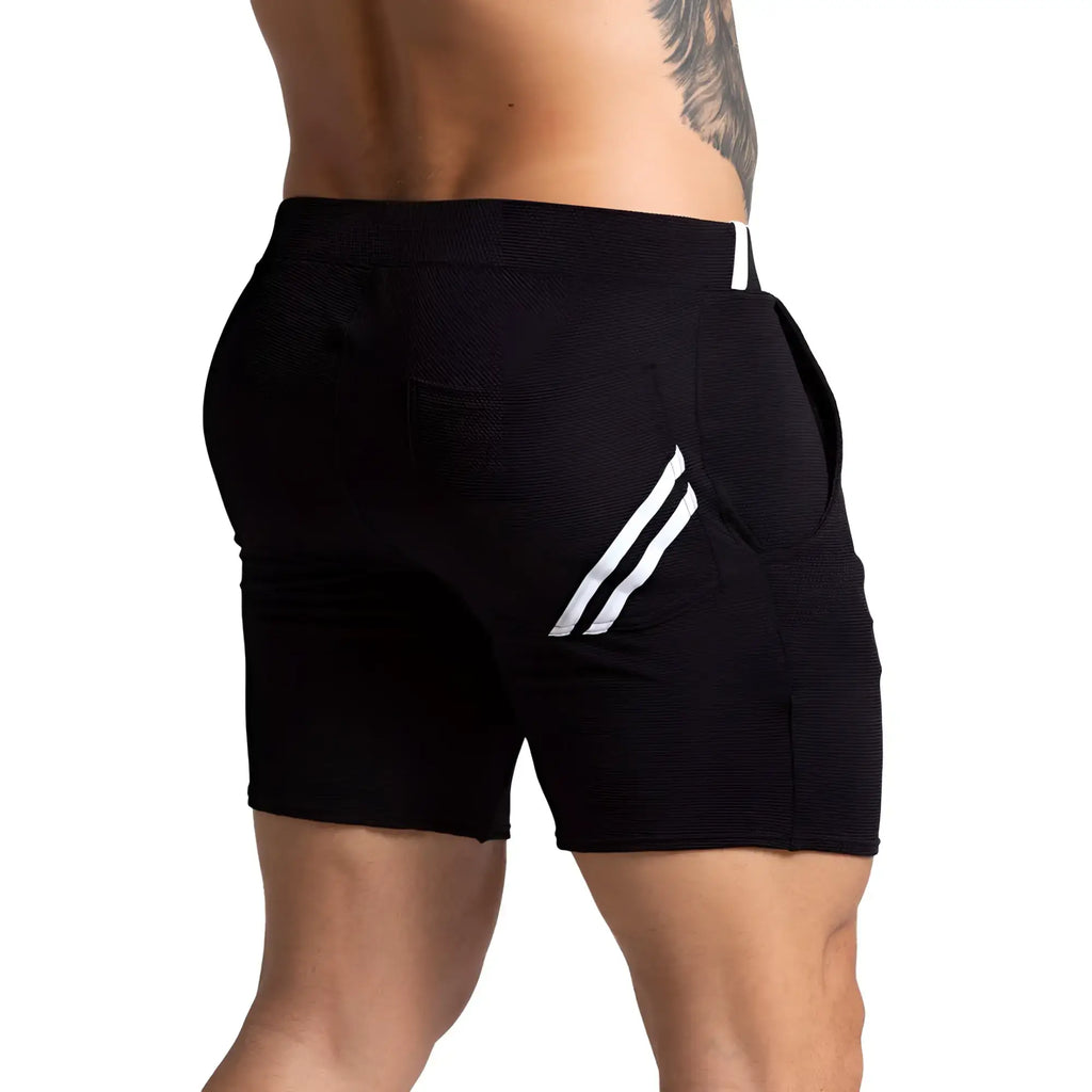 Black gigo f fetish white short athletic shorts with textured fabric and white diagonal stripes on side pockets