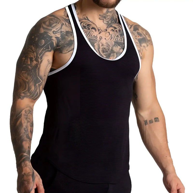 Black ribbed tank top with white trim by Gigo F Fetish featuring a slim fit and breathable fabric for casual wear