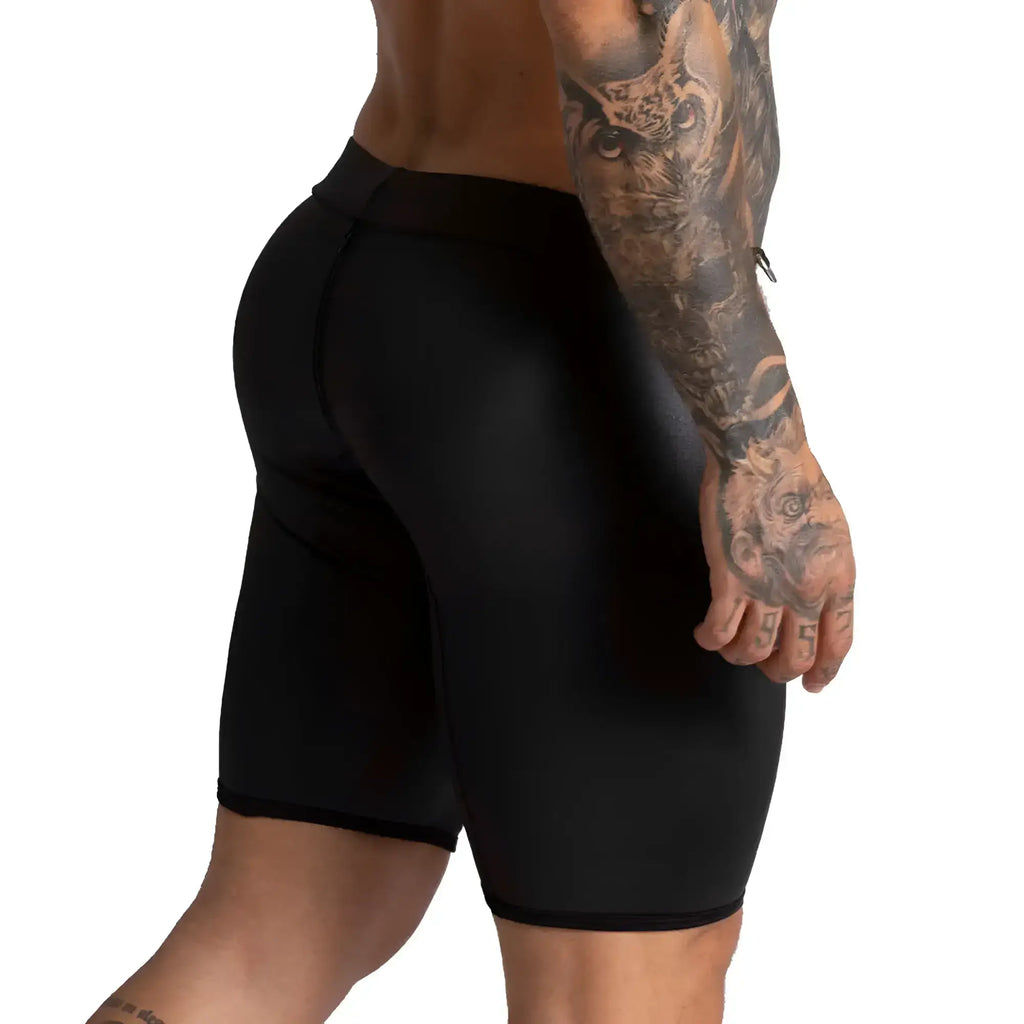 Black form-fitting athletic shorts with sleek smooth texture and high-waisted design gigo f fetish white trunk long