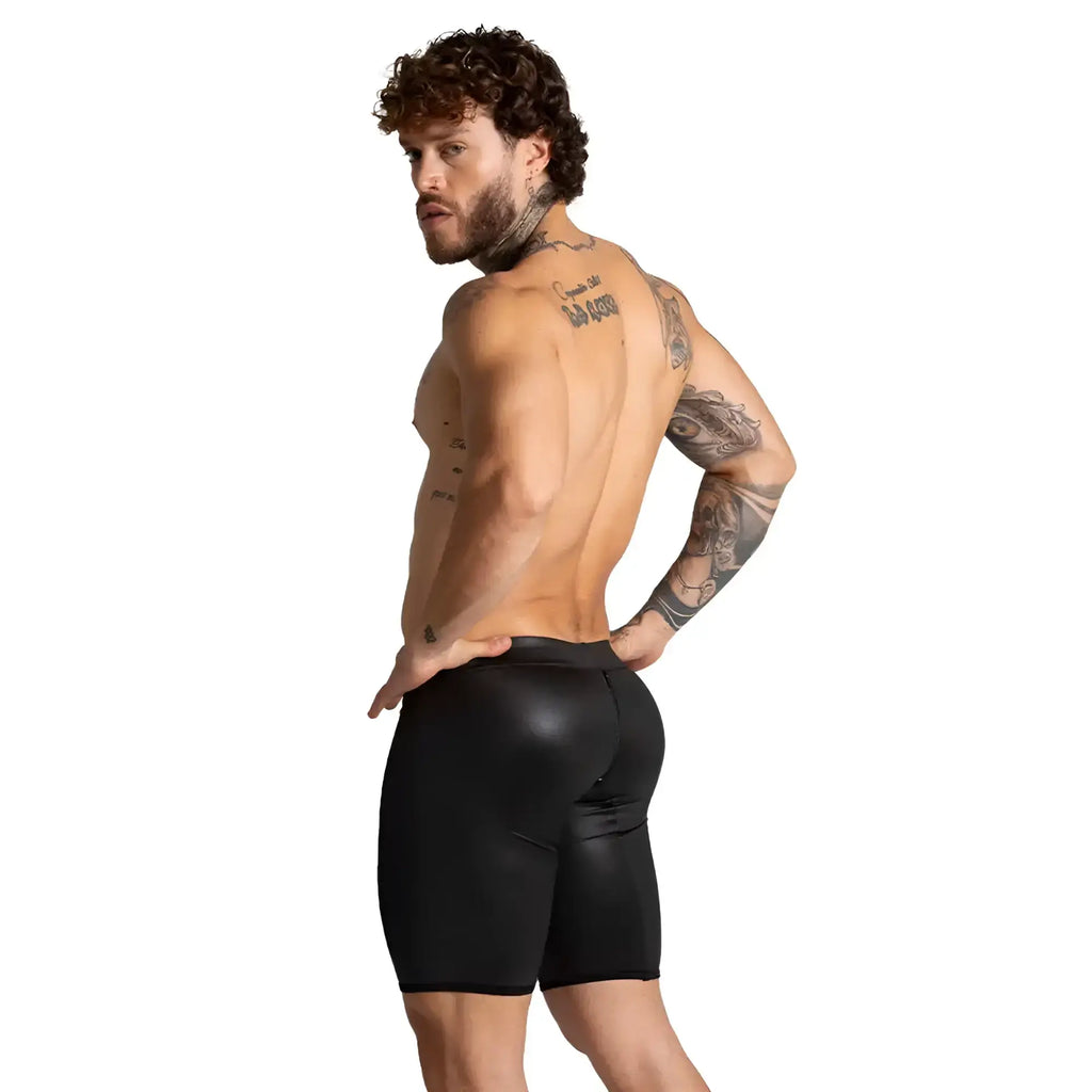 Black glossy finish gigo f fetish white trunk long shorts with sleek form fitting design