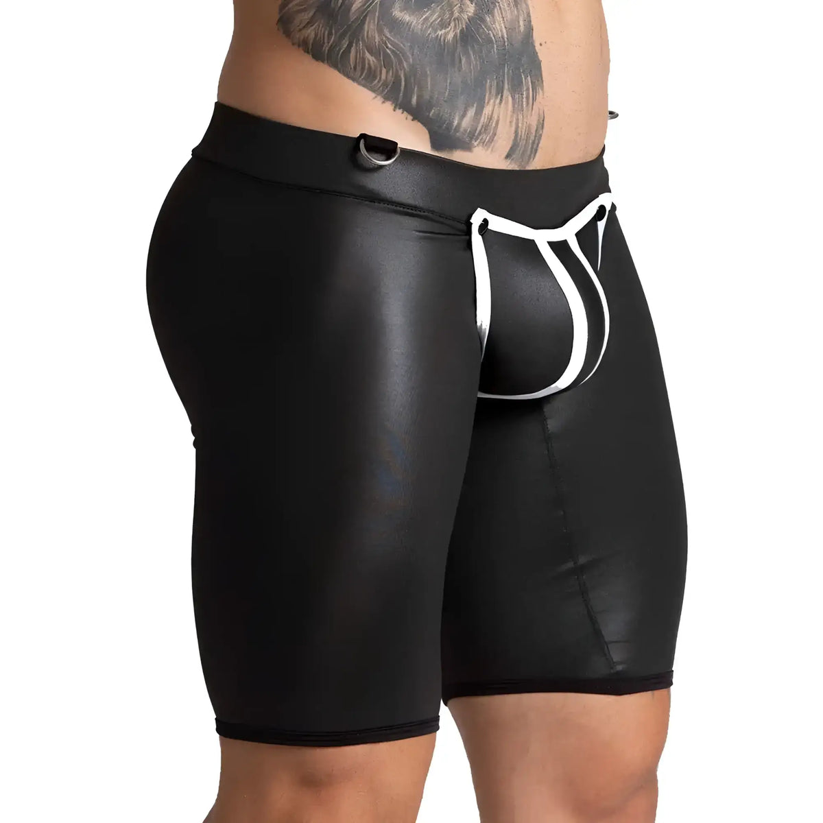 Black shiny faux leather shorts with white trim and distinctive u shaped pouch from gigo f fetish white trunk long collection