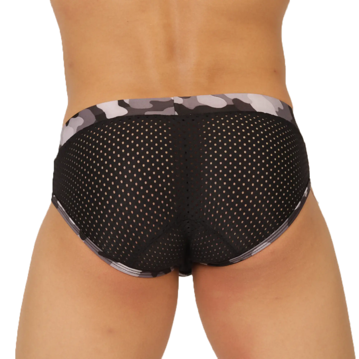 Black mesh briefs with gray and white camouflage waistband from gigo feeling black brief collection