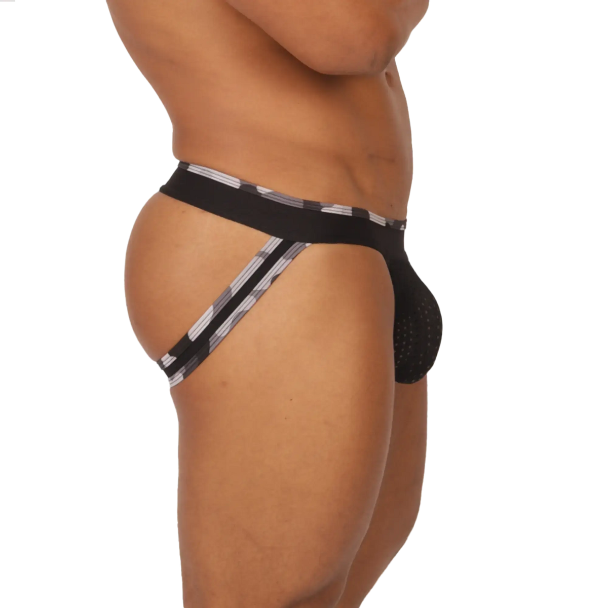 Black and gray striped gigo feeling black jockstrap with perforated front panel designed for athletic support
