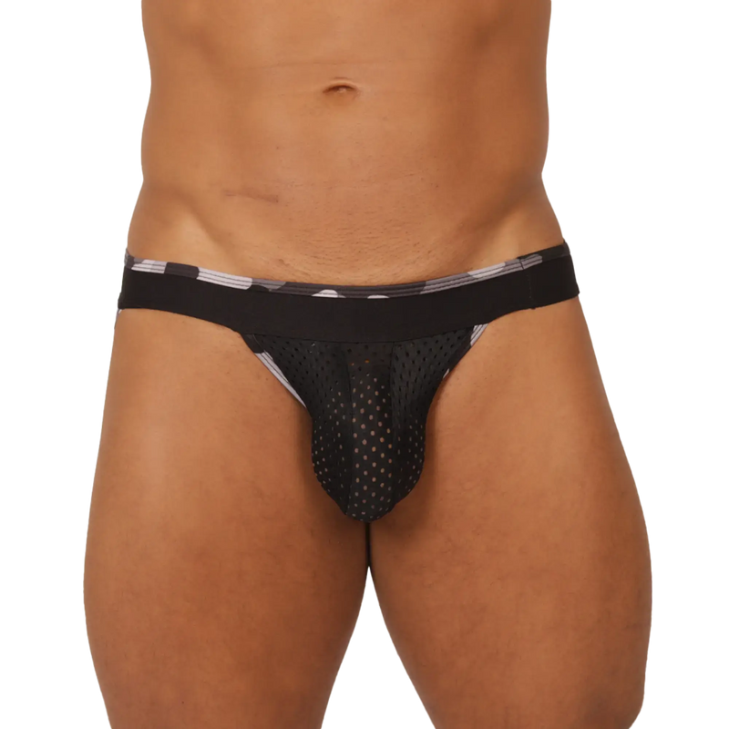 Black mesh briefs with a gray and white striped waistband from gigo feeling black jockstrap collection