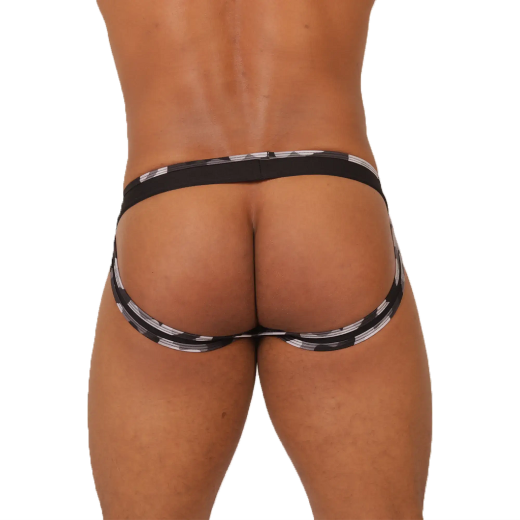 Gigo feeling black jockstrap in black and white geometric patterned briefs with a snug form fitting design