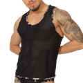 Gigo Feeling Black Tank black mesh tank top with gray and white striped trim on neckline armholes and hem