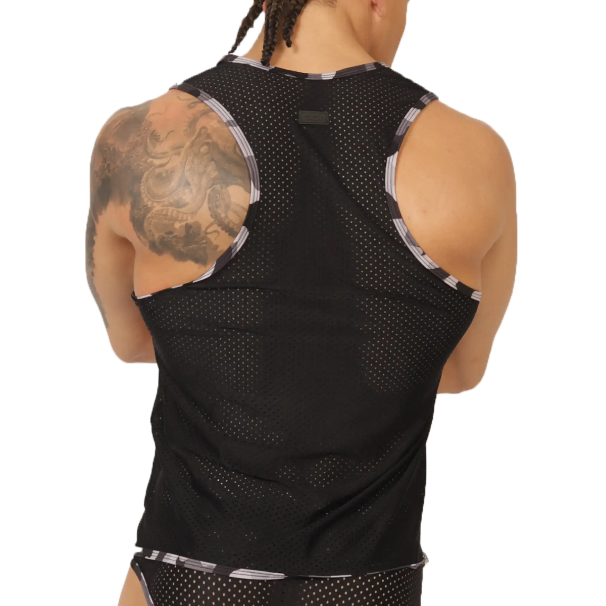Black mesh gigo feeling black tank top with silver and black striped trim along the shoulder straps