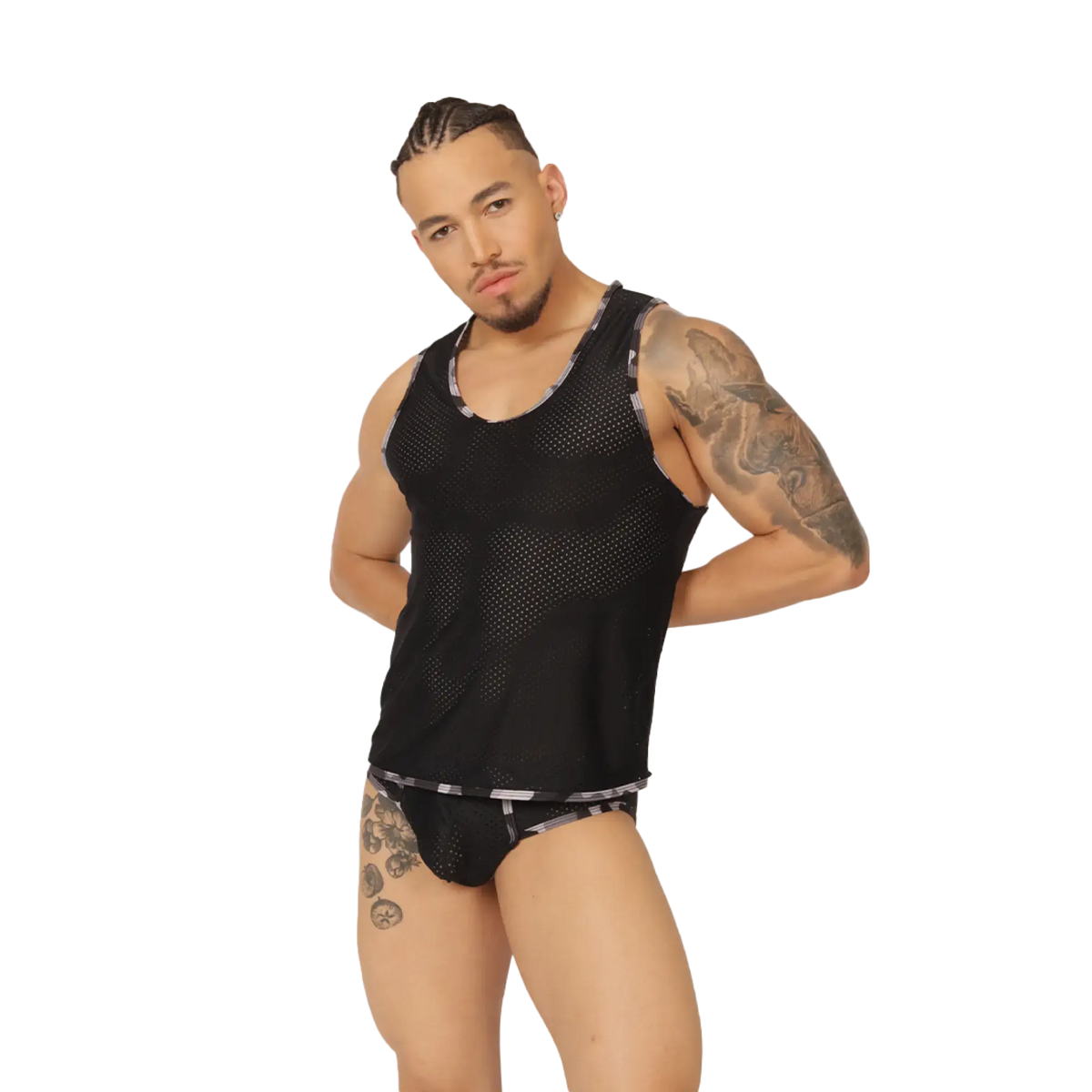 Black mesh tank top gigo feeling black tank with subtle patterned trim along neckline and waistband