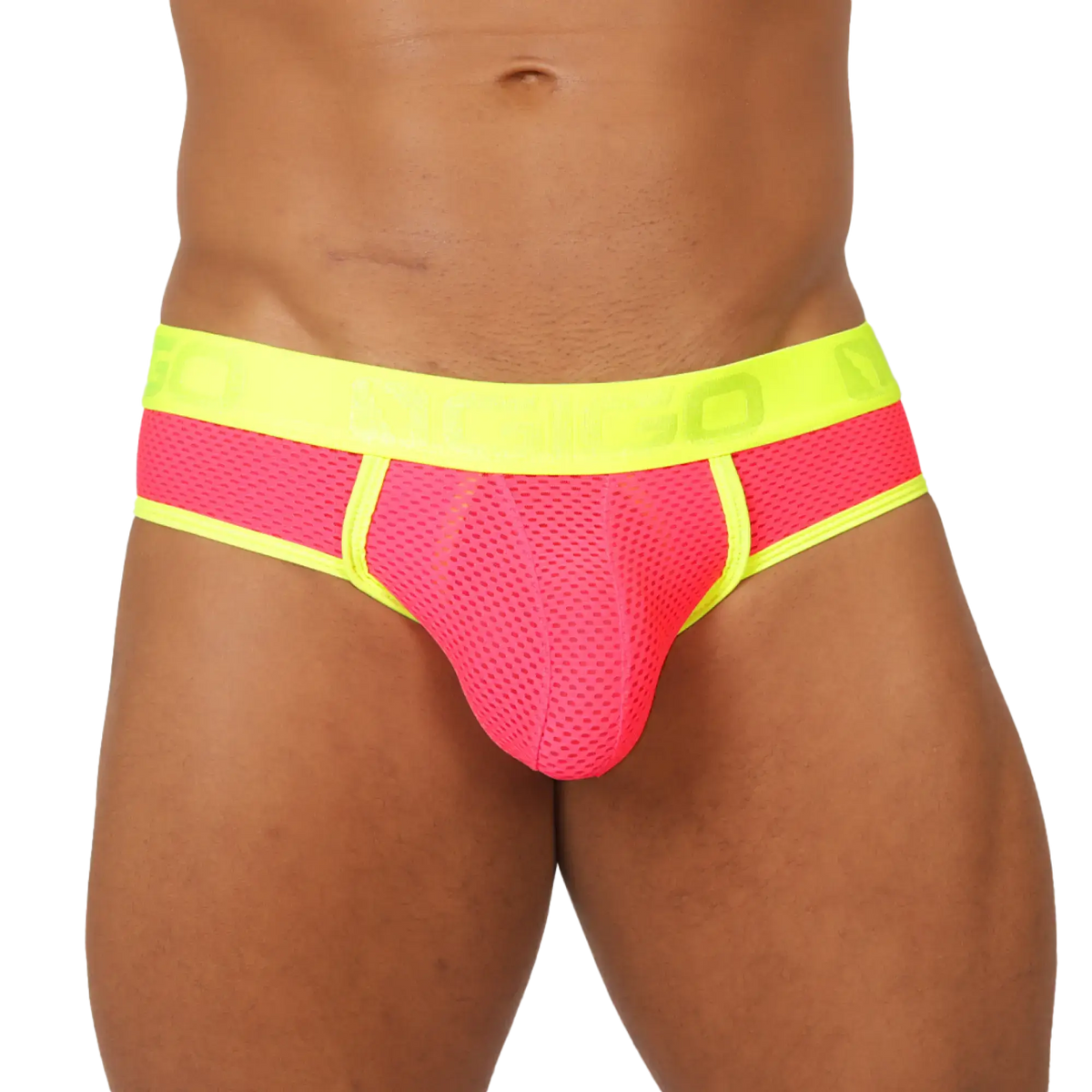 Bright pink mesh briefs with neon yellow waistband and trim from Gigo feeling candy brief collection