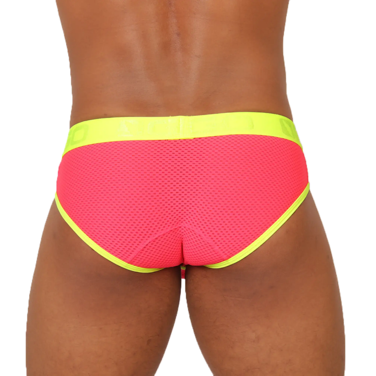 Gigo Feeling Candy Brief vibrant pink mesh swim trunks with neon yellow trim designed for comfortable swimming