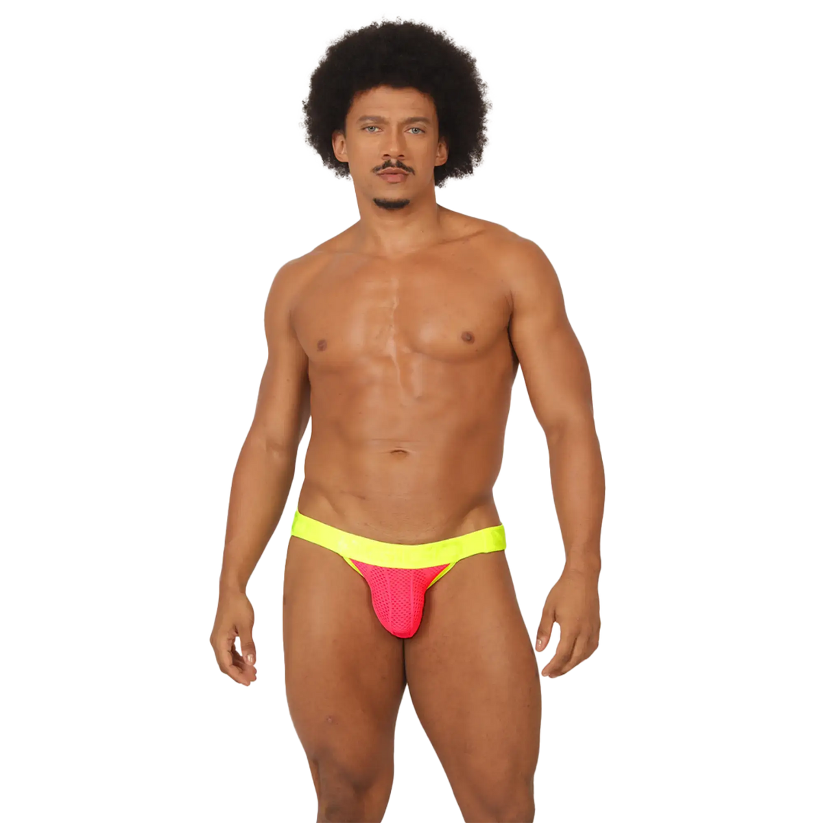 Vibrant neon pink and yellow gigo feeling candy jockstrap with mesh texture designed for athletic comfort