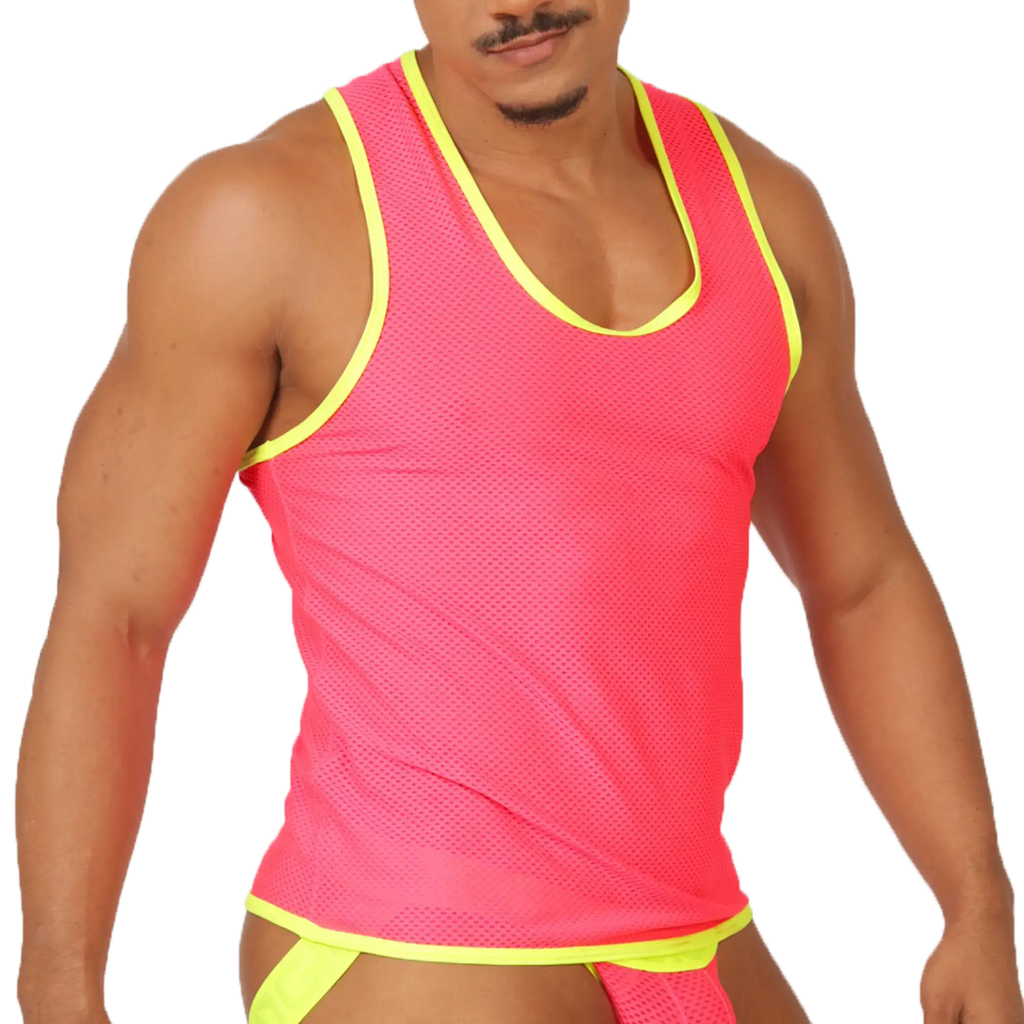 Bright pink mesh tank top with neon yellow trim from the gigo feeling candy tank collection