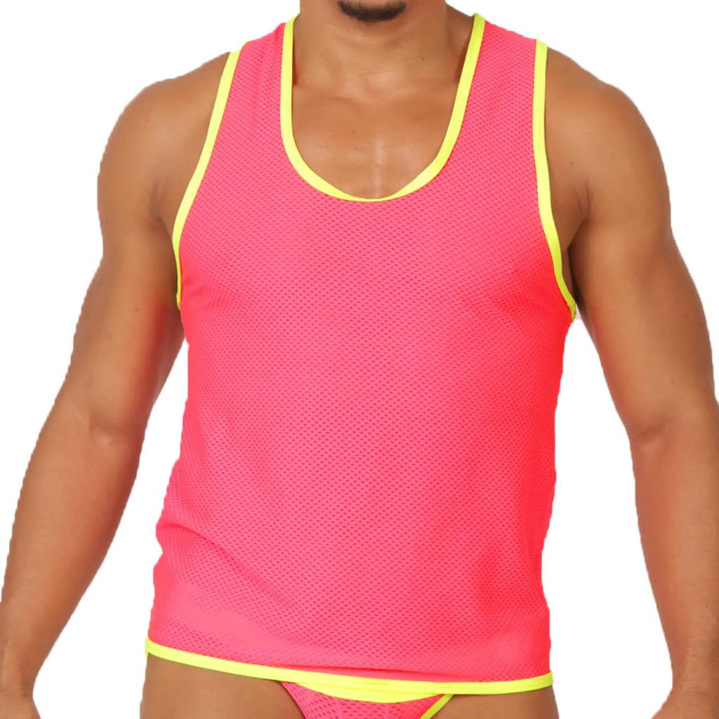 Bright pink mesh tank top with neon yellow trim from Gigo feeling candy tank collection for casual wear