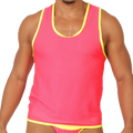 Bright pink mesh tank top with neon yellow trim from Gigo feeling candy tank collection for casual wear
