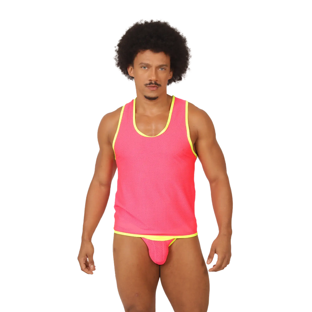 Vibrant pink mesh gigo feeling candy tank top with neon yellow trim perfect for casual summer wear