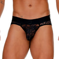 Black lace thong brief jockstrap with solid black waistband featuring victorious brand name in white lettering