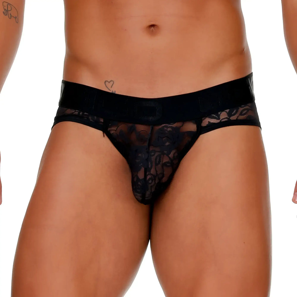 Black lace thong brief jockstrap with solid black waistband featuring victorious brand name in white lettering