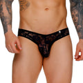 Gigo female black brief lace thong with intricate floral pattern and small silver button on the waistband
