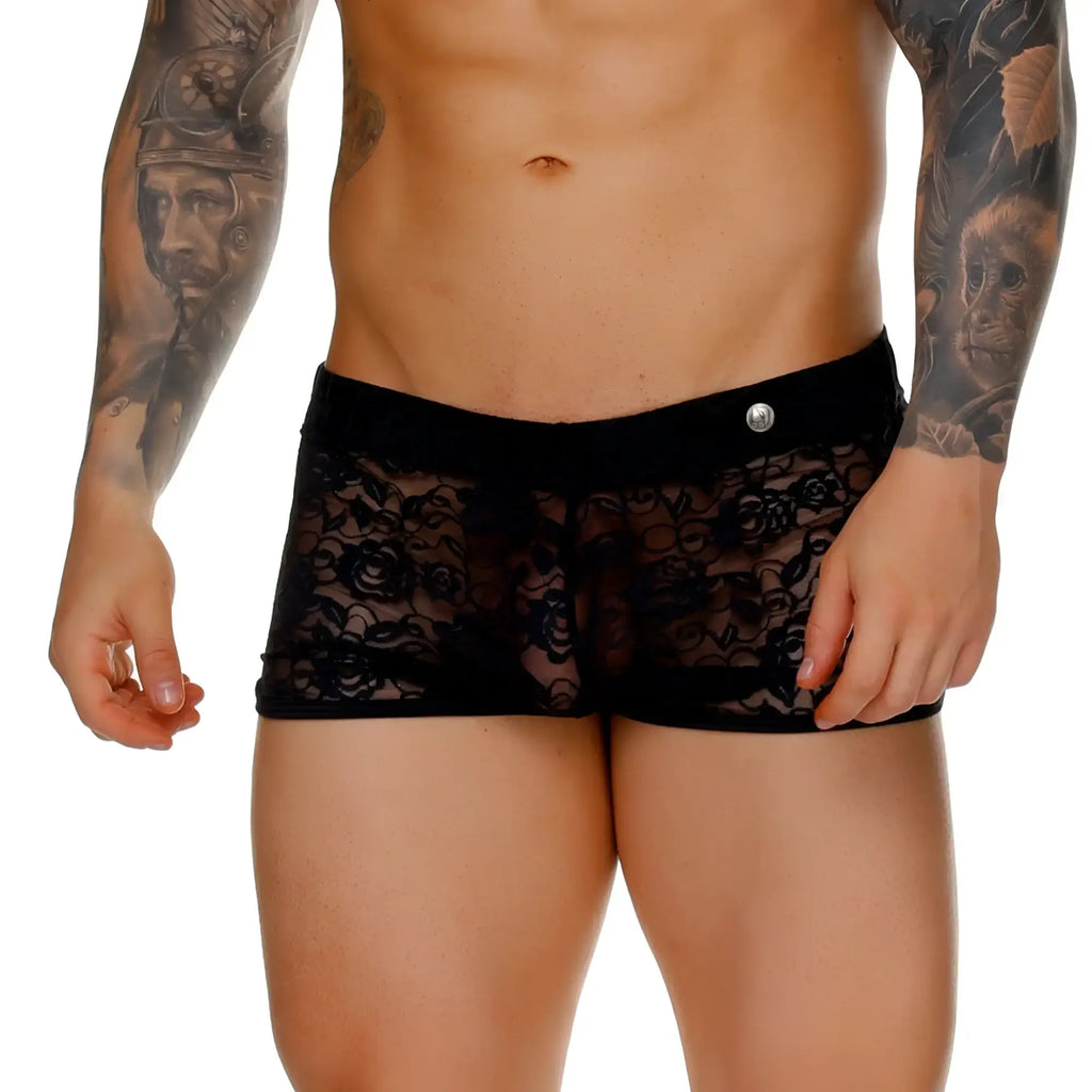 Black lace menÃ¢â‚¬â„¢s briefs with floral pattern and solid black waistband with silver button from gigo female black hotshort