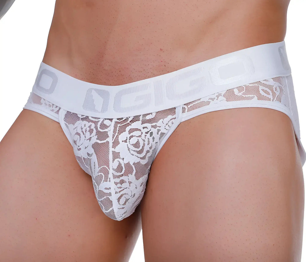 White lace-trimmed gigo female brief jockstrap with sheer mesh design and elastic waistband logo