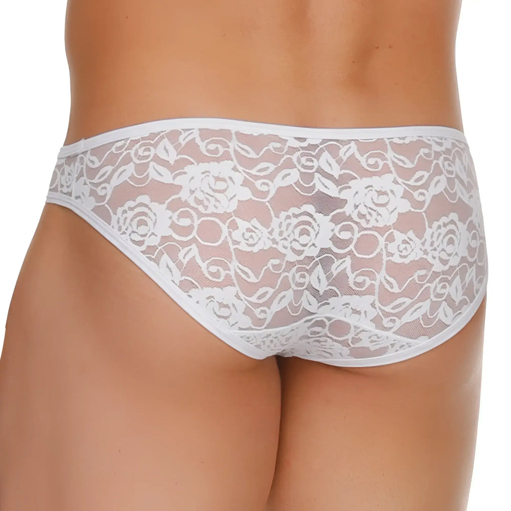 White lace Gigo female brief featuring an intricate floral pattern with delicate rose and vine designs