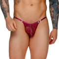 A maroon lace thong with satin waistband and silver metal rings from the Gigo female wine gstring collection