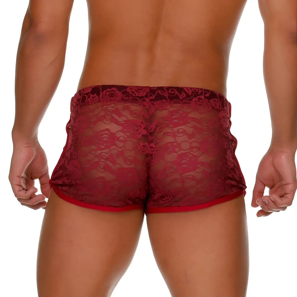 Gigo female wine hotshort red lace shorts with floral pattern and solid red trim front view