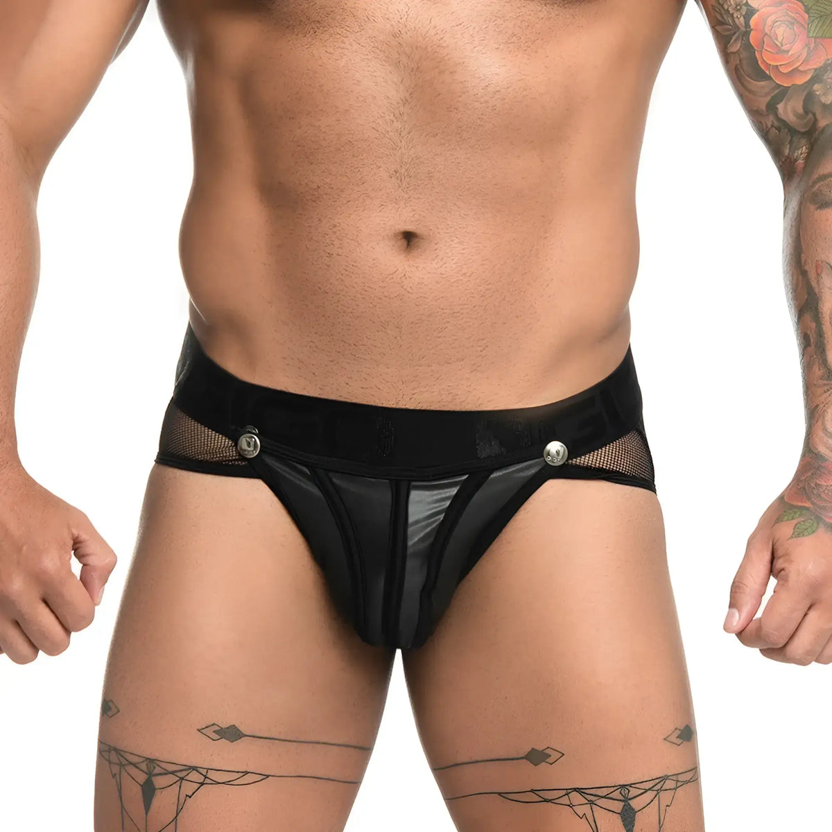 Gigo fetiche black brief jockstrap in black mesh with solid waistband and silver toned buttons visible front side