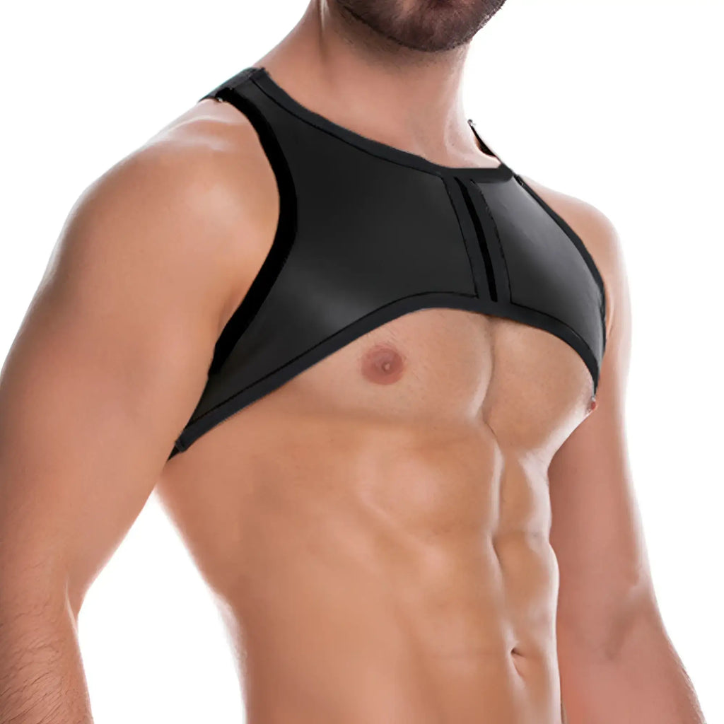 Gigo Fetiche black harness made of glossy faux leather with a sleek form-fitting design for edgy fashion use