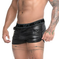 Gigo Fetiche black shorts in glossy faux leather with gray elastic waistband featuring the get logo