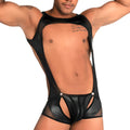 Gigo fetiche black singlet shiny black latex bodysuit with sheer mesh panels and silver button closures