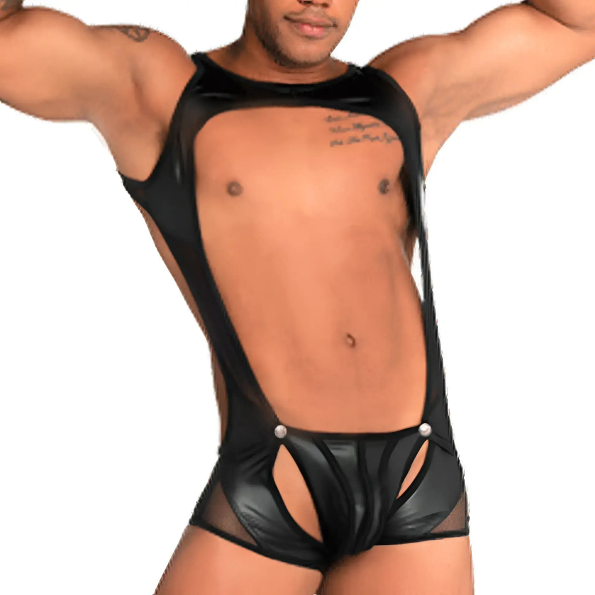 Gigo fetiche black singlet shiny black latex bodysuit with sheer mesh panels and silver button closures
