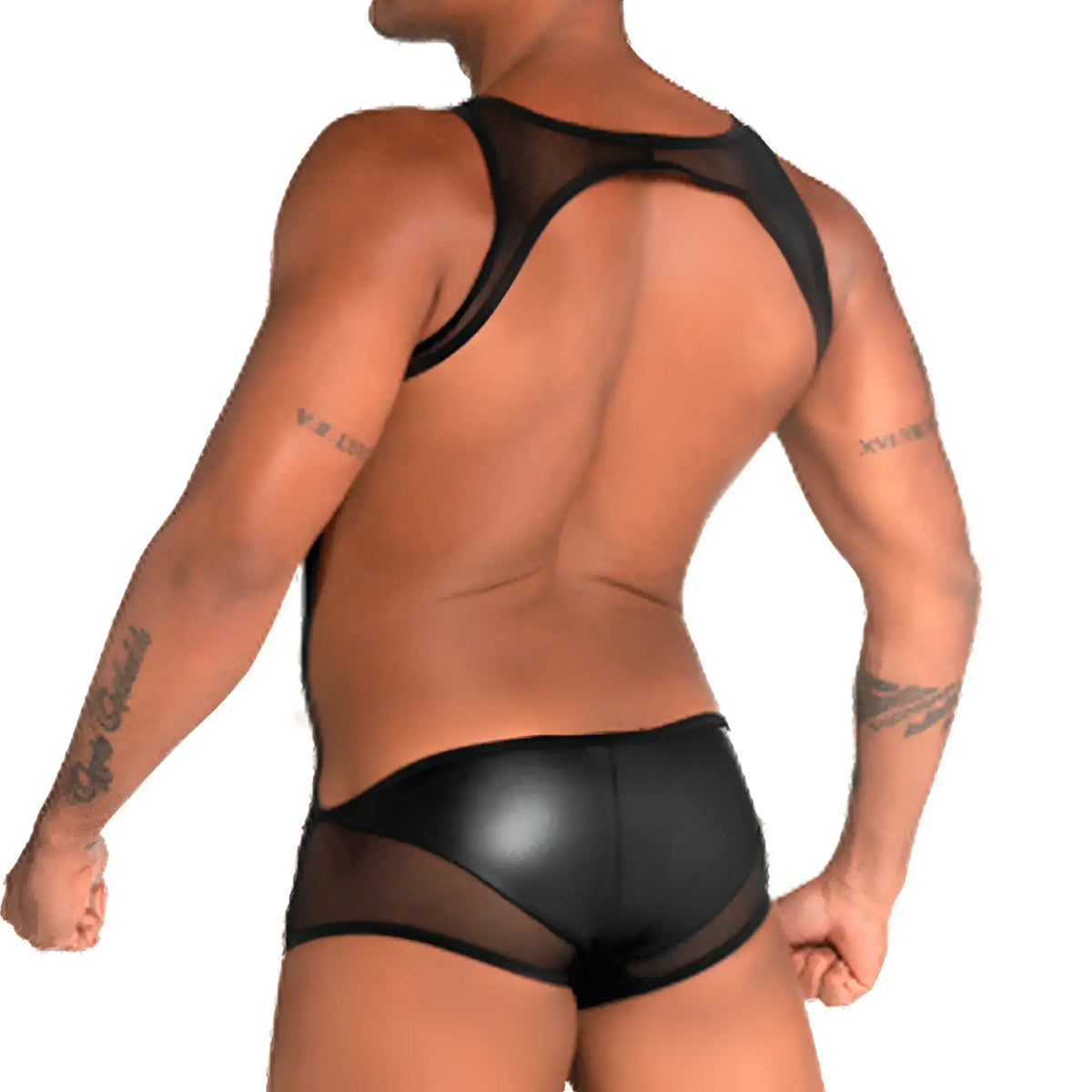 Back view of gigo fetiche black singlet menÃ¢â‚¬â„¢s backless underwear in sheer mesh and faux leather materials