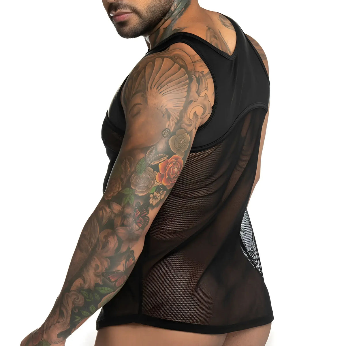Gigo Fetiche black tank featuring black mesh with solid fabric panels at shoulders and sides