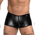 Gigo Fetiche black trunk shiny faux leather briefs with sleek form fitting design and silver button on the waistband